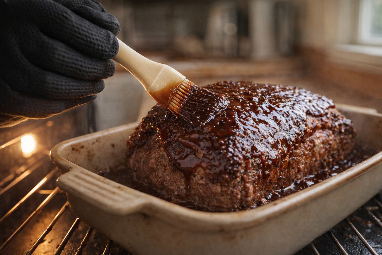 A close-up shot of a gloved hand brushing a thick, dark BBQ bourbon glaze onto a partially baked meatloaf in a baking pan, oven light visible